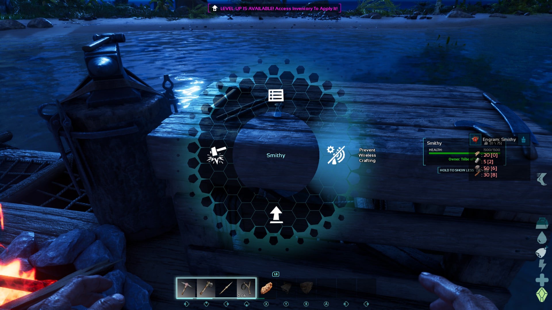 A menu wheel showing the option to turn off Wireless Crafting in Ark: Survival Ascended.