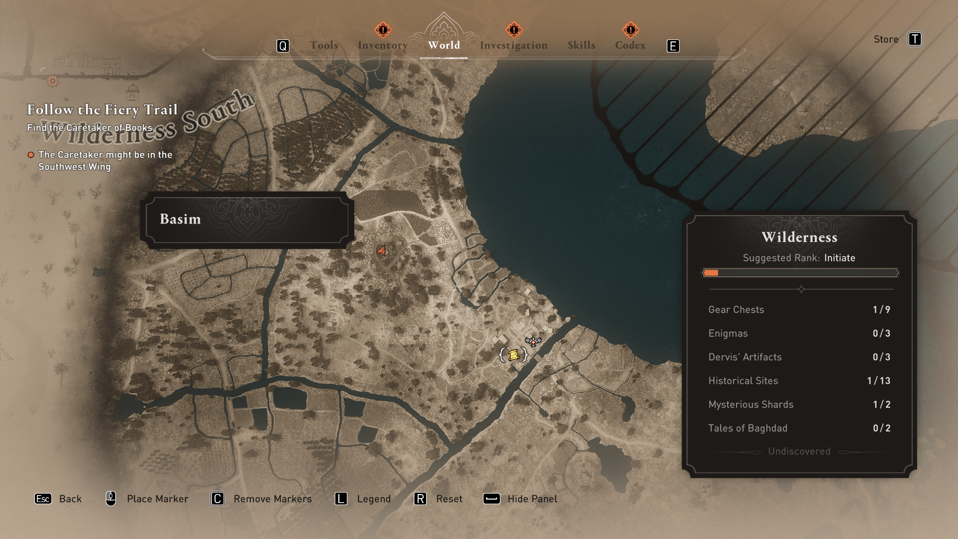 Image of the map in Assassin's Creed Mirage displaying the location of the Enigma reward in the southern wilderness.