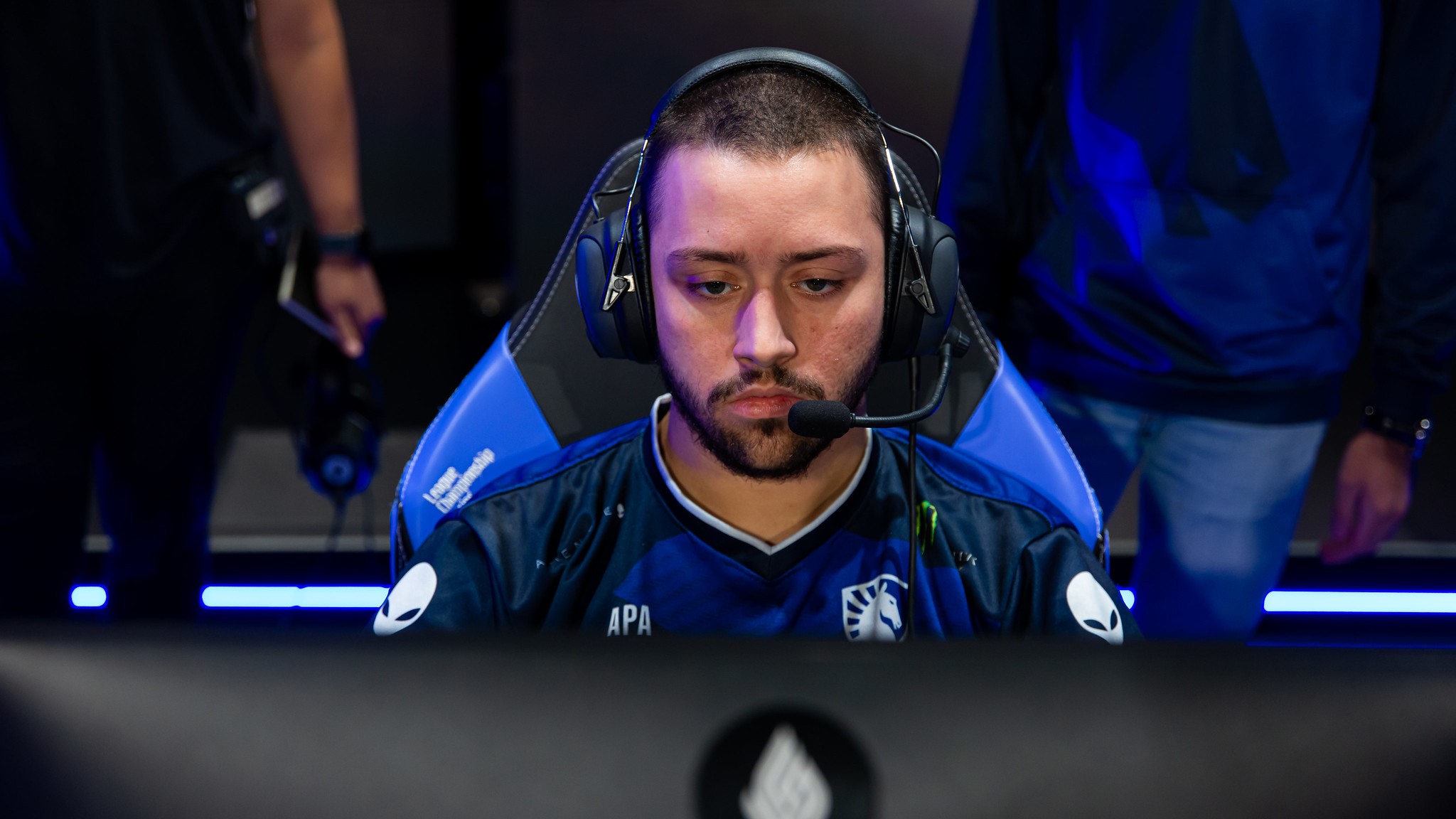 Team Liquid's APA staring at the monitor at the 2023 LCS Champioship.