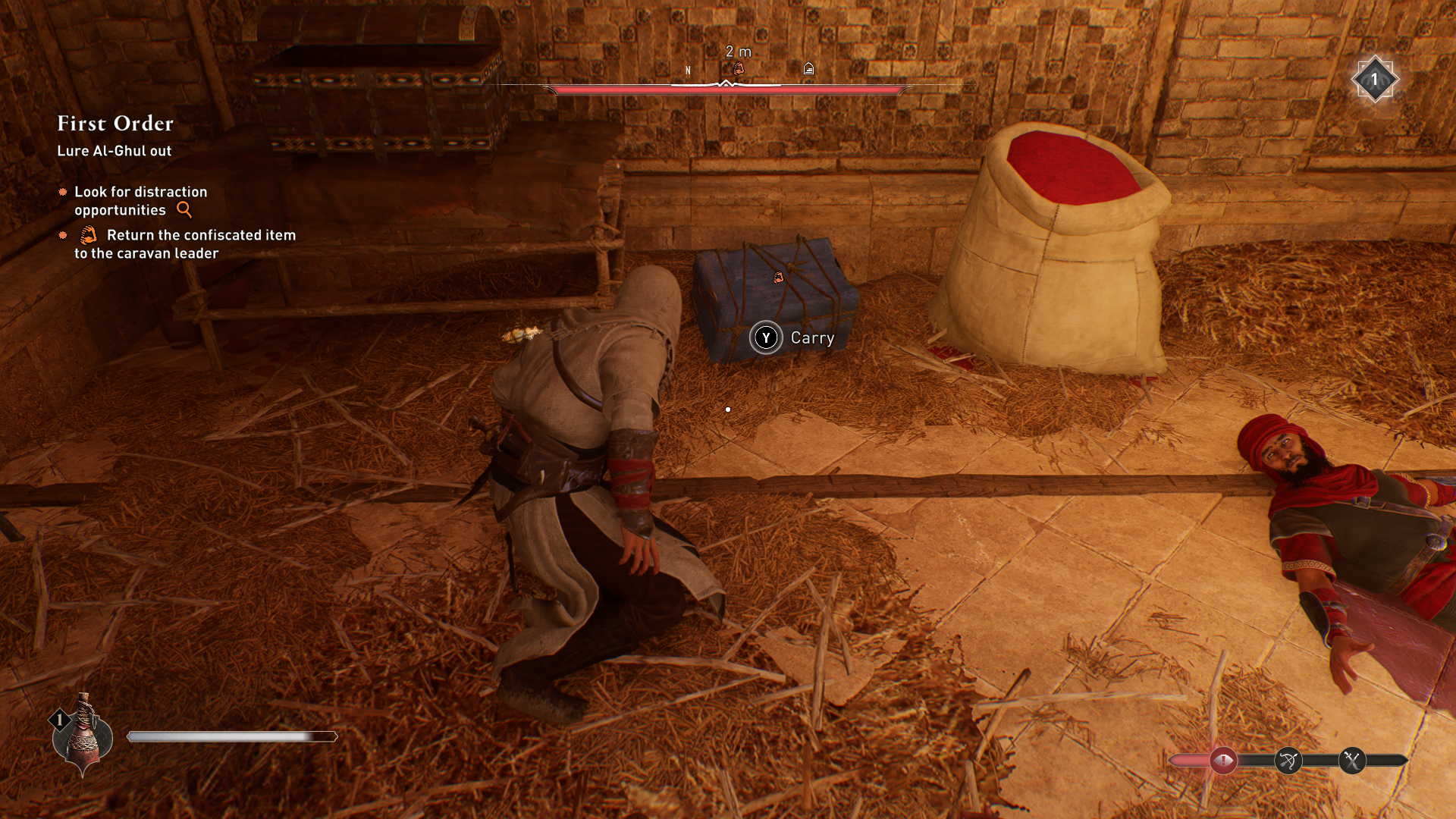 Image of a man in a white robe standing in front of a blue container.