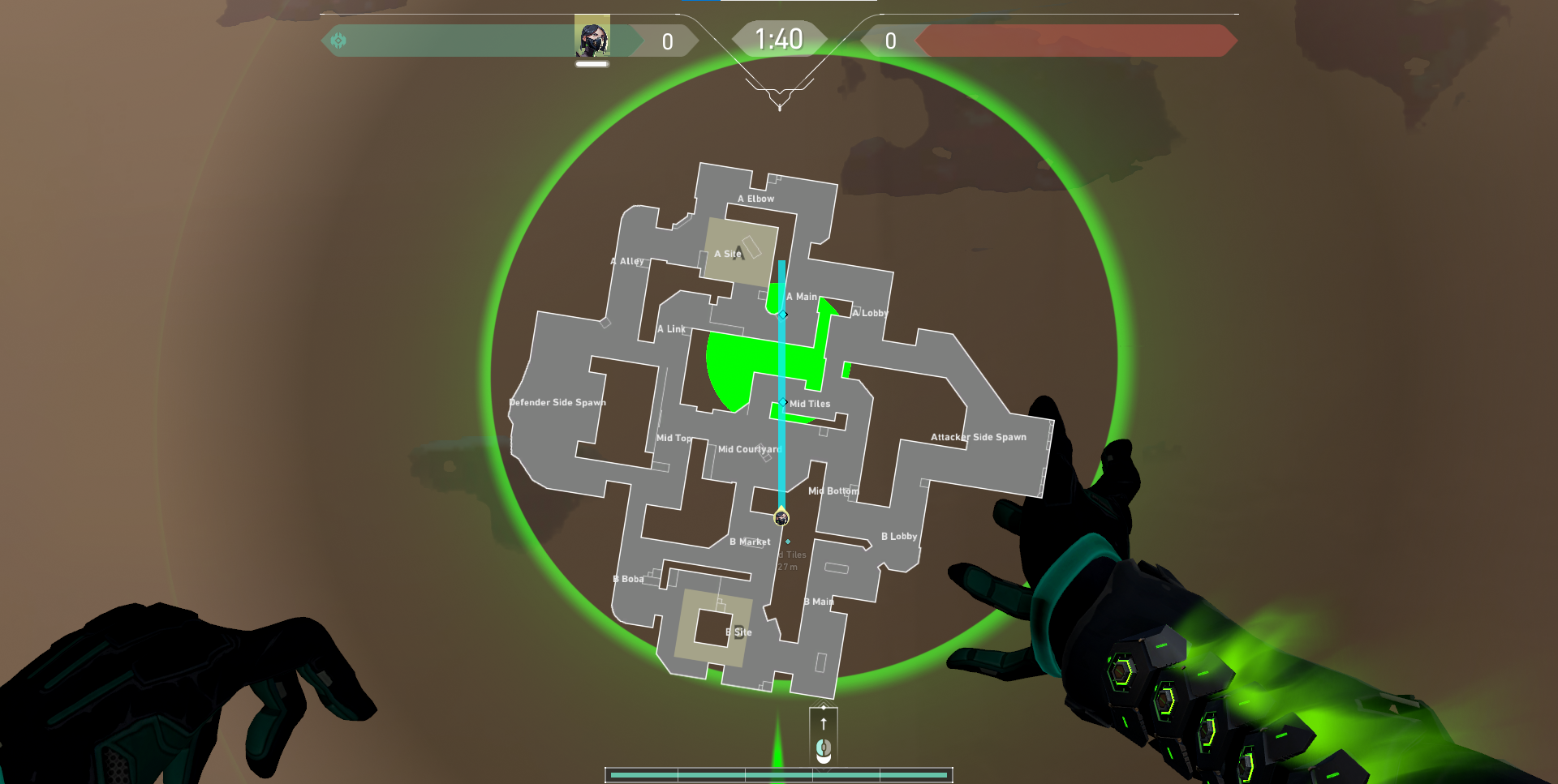 Viper Mid to A Main wall on Sunset, VALORANT.