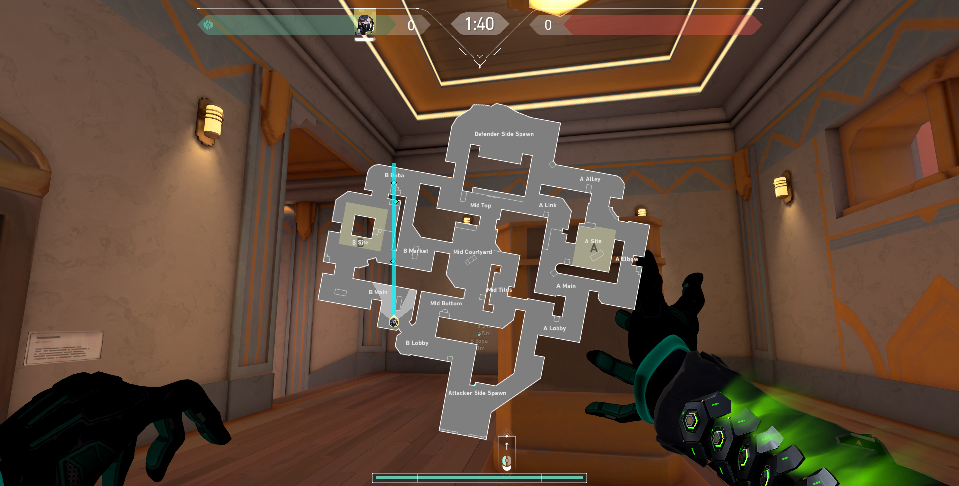 Viper attack wall for B Site in Sunset, VALORANT. 