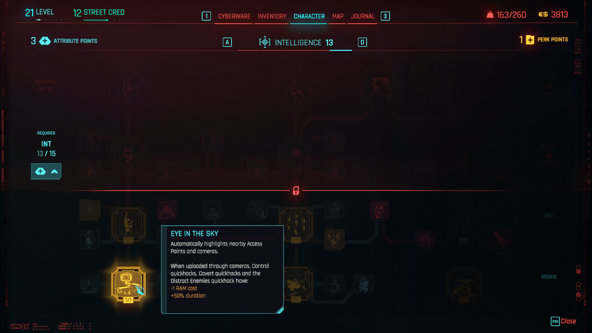 image displays the description for the skill Eye in the Sky in Cyberpunk 2077.