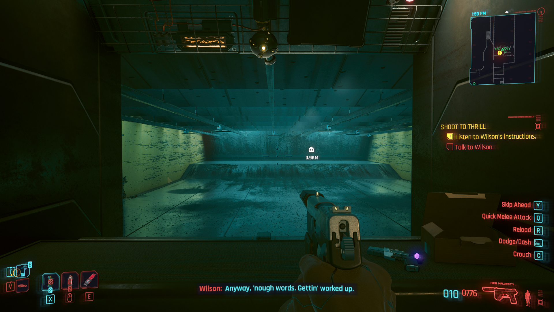 V, the protagonist from Cyberpunk 2077, holds a pistol and aims it down a gun range.