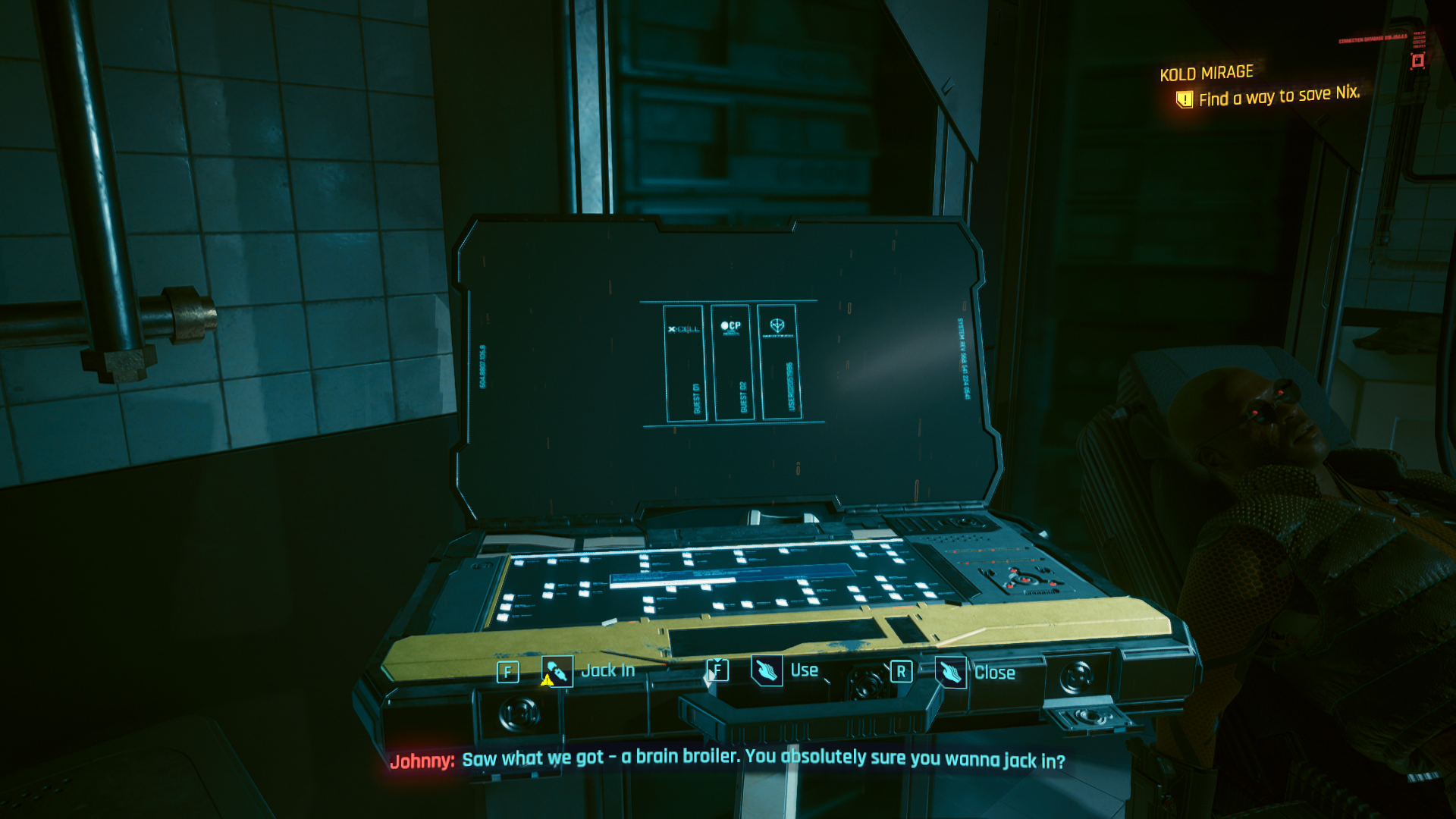 The terminal near Nix's netrunning chair in the Afterlife (Cyberpunk 2077).