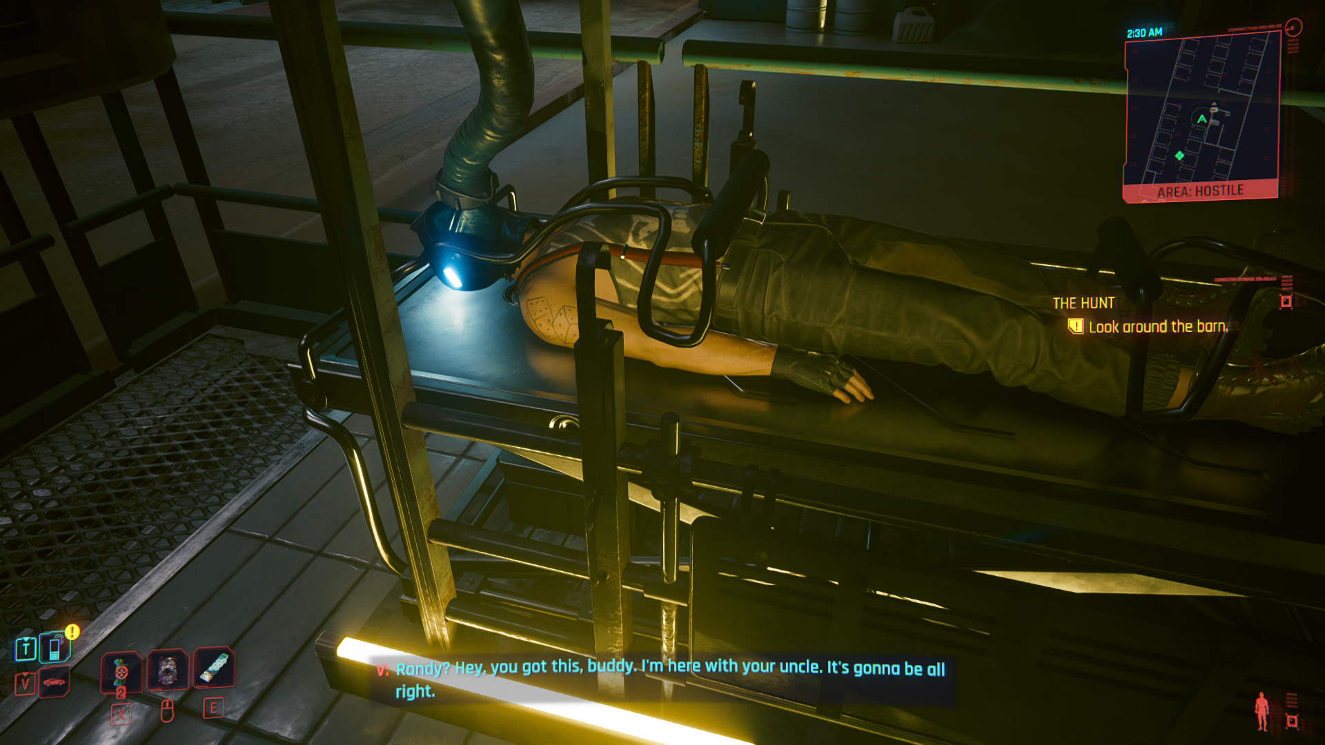 Randy on an operating bed hooked up to a feeding tube in Cyberpunk 2077