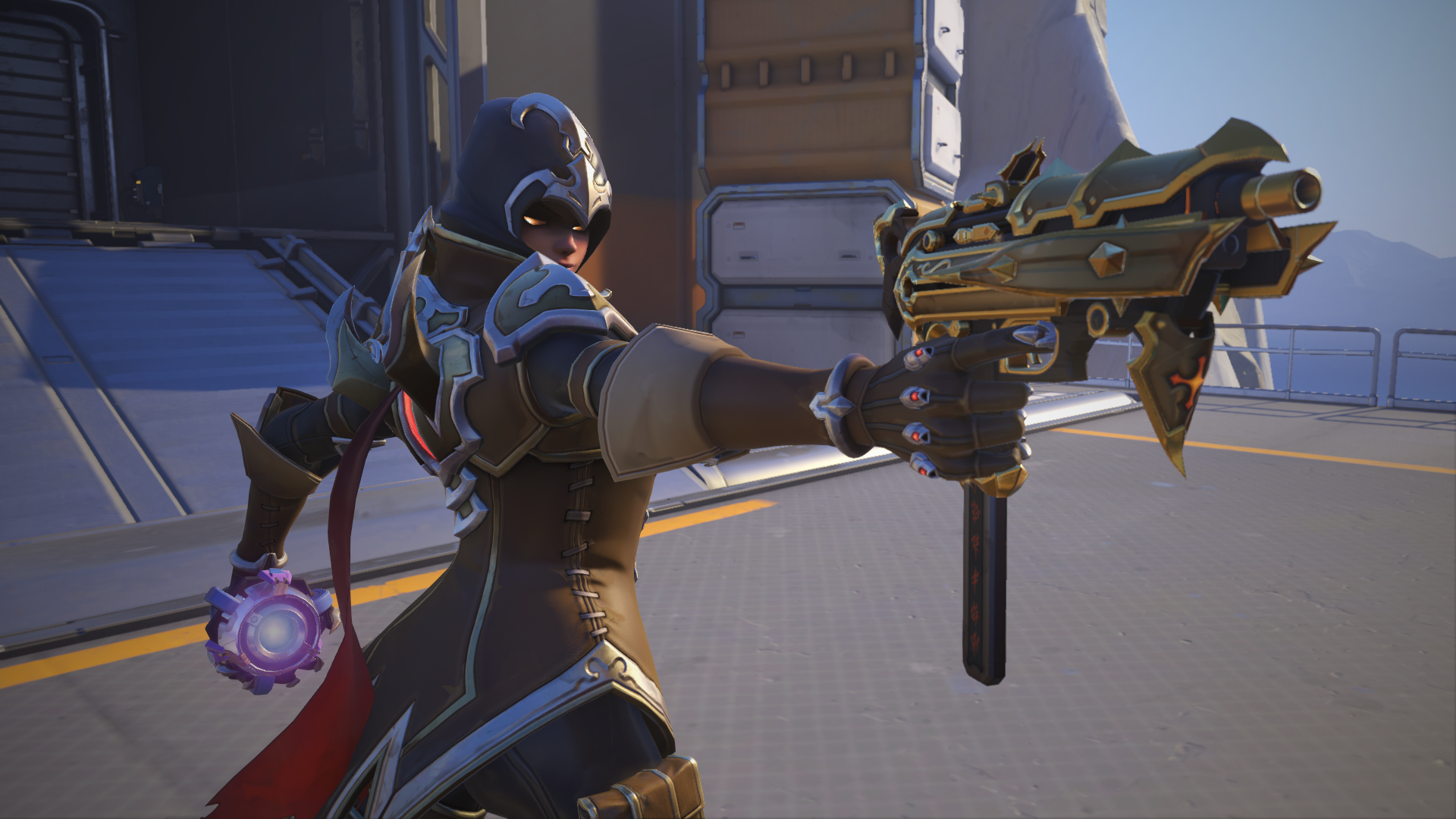 Sombra pointing her crossbow-like Machine Pistol while wearing her Demon Hunter skin
