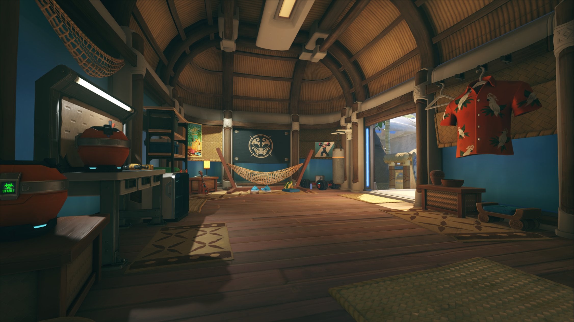 A room on the Samoa map that includes a hammock bed, home gym, and Mauga's colorful button-down shirt.