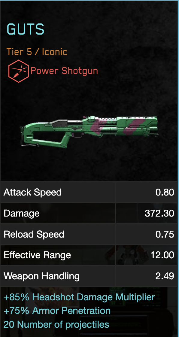 Screenshot of the info for the Guts shotgun from Cyberpunk 2077.
