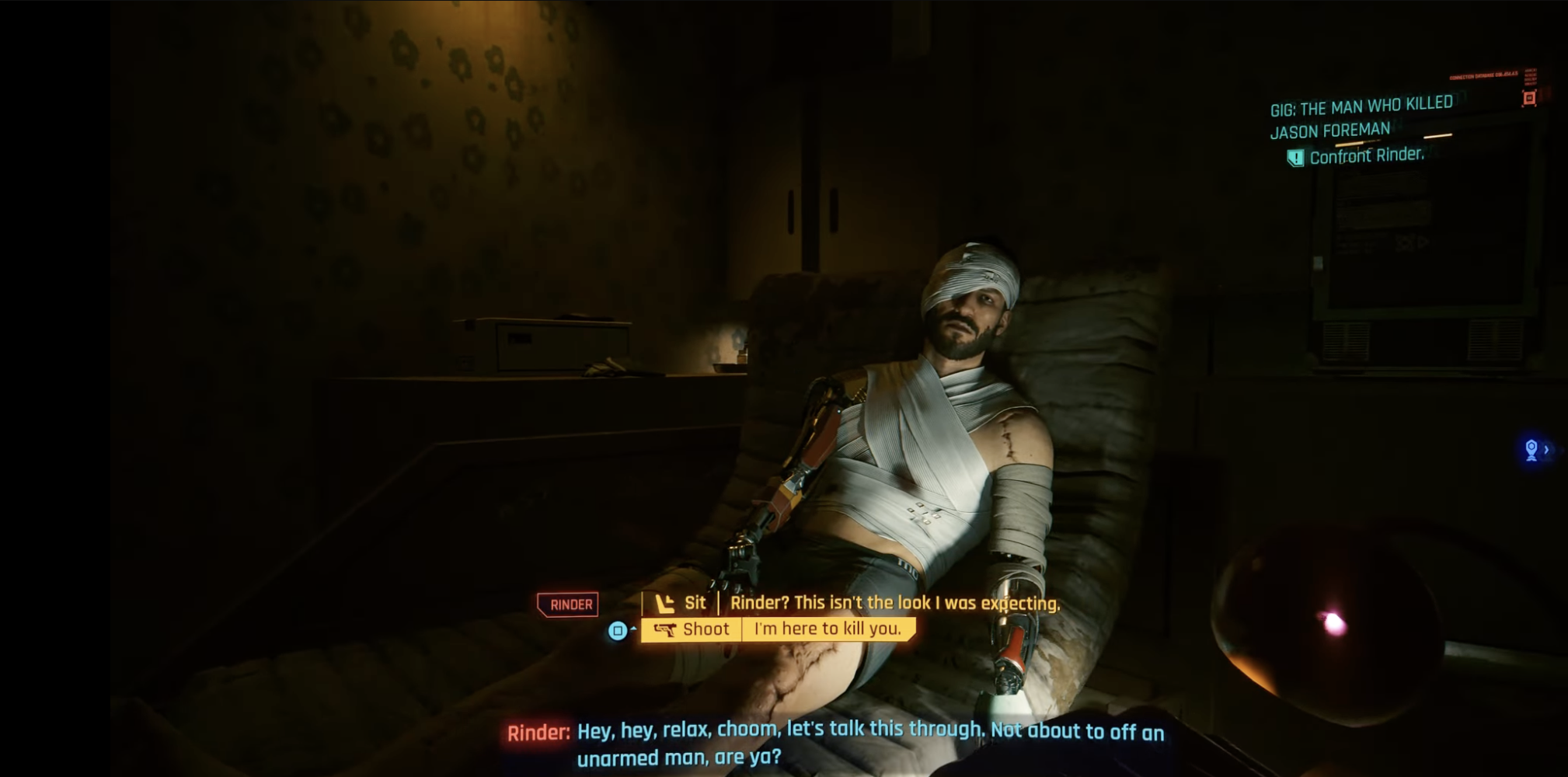 Screenshot of V talking to Rinder, a man in heavy bandages, at the end of the The Man Who killed Jason Foreman quest.
