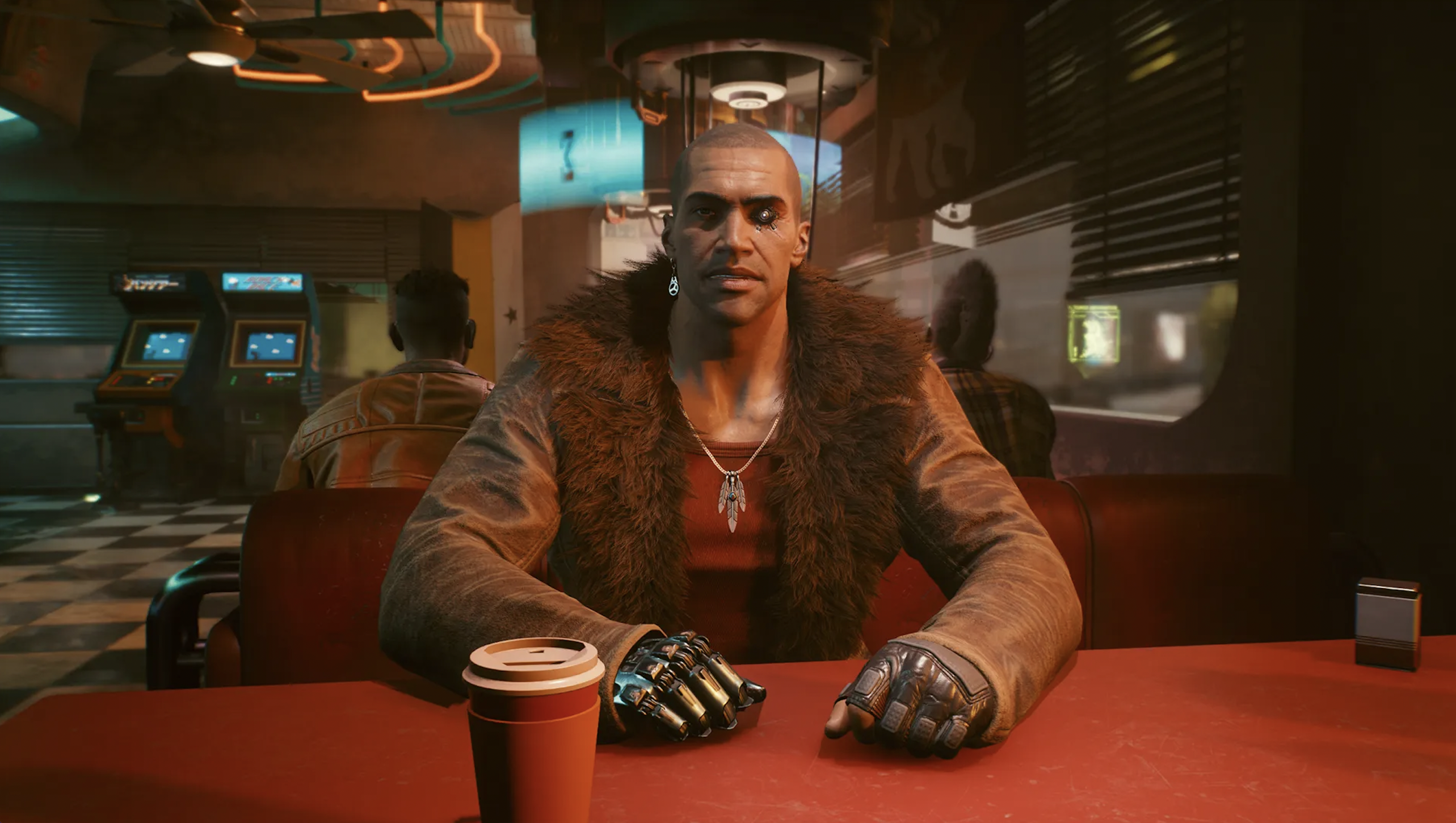River ward sits at table in Cyberpunk 2077.