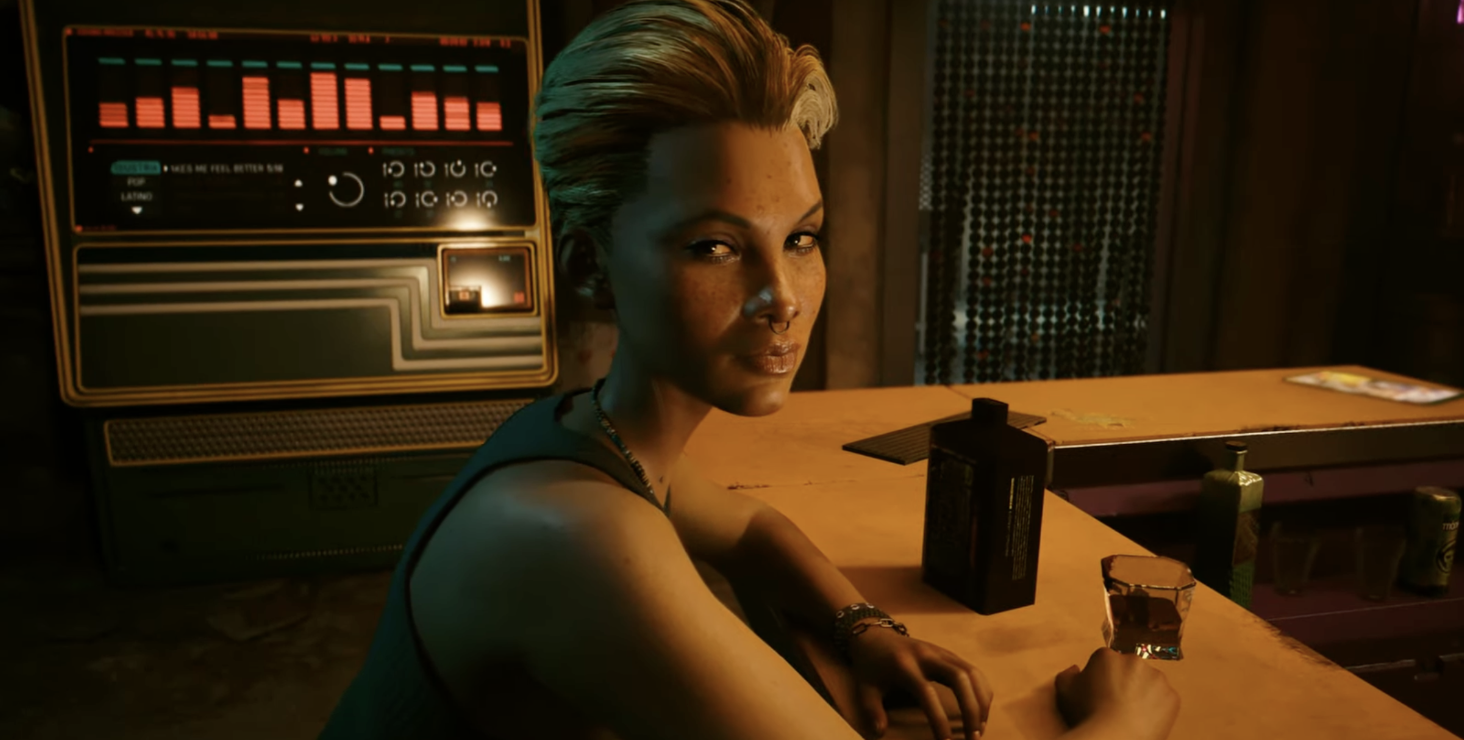 Alex from Cyberpunk 2077: Phantom Liberty sits at her bar.