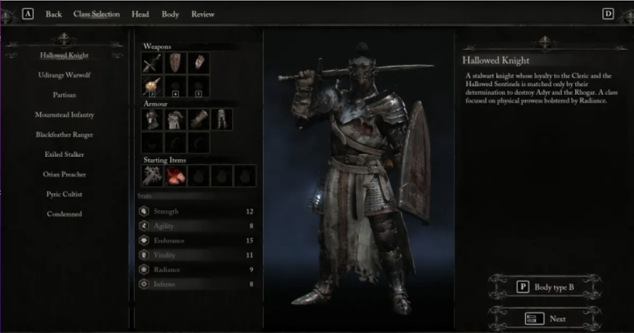 Info for the Hallowed Knight starting class from Lords of the Fallen.