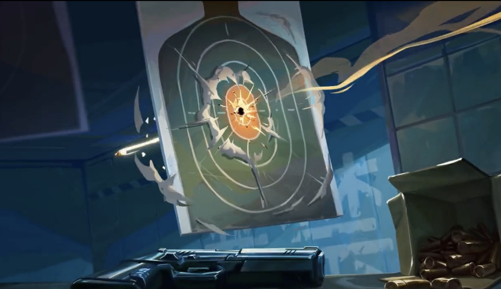 A bullet flying through a target in VALORANT sneak peek teaser