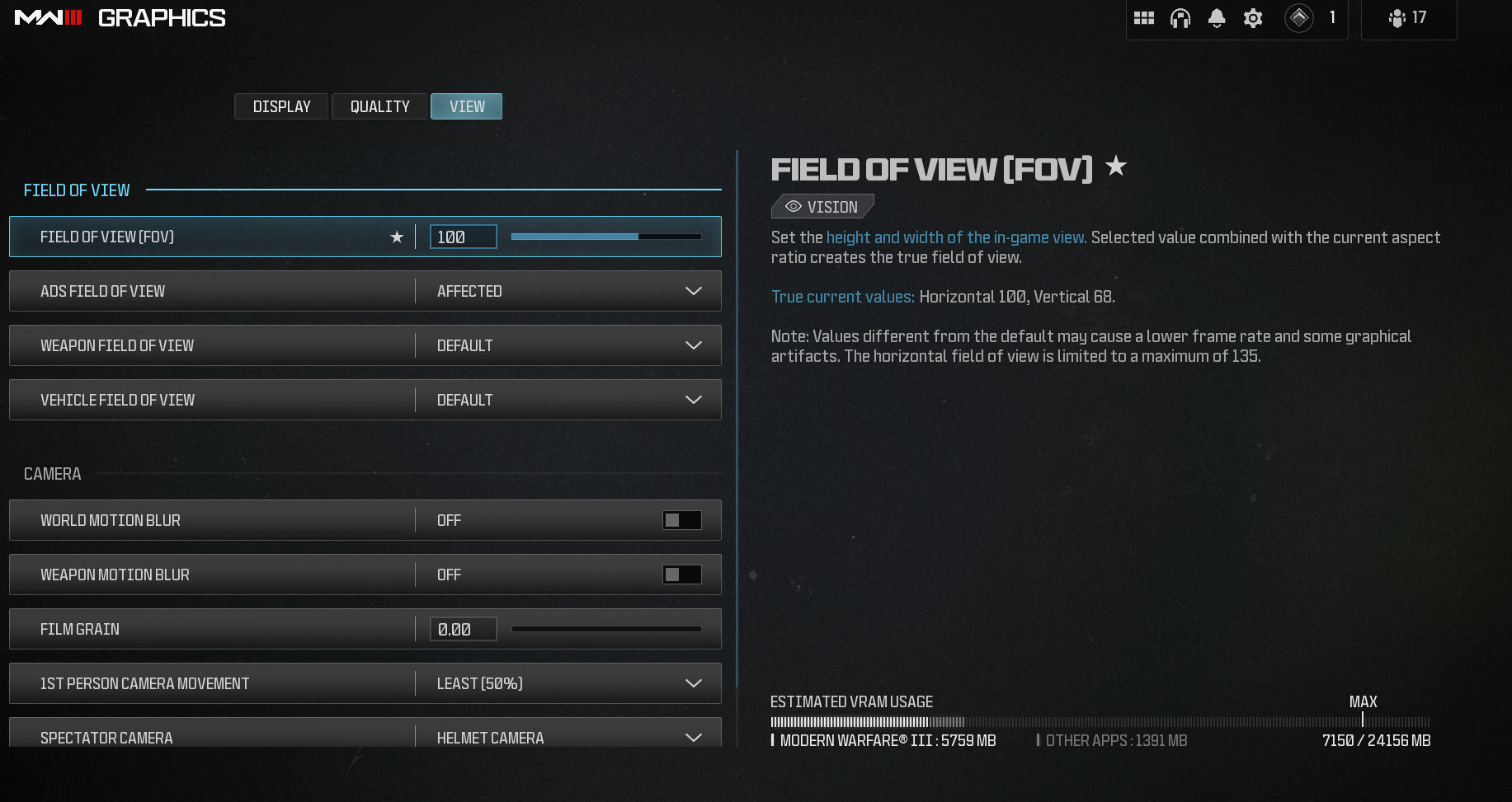 A screenshot of the Call of Duty: Modern Warfare 3 PC settings menu.