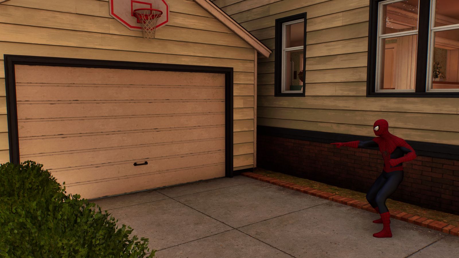 Spider-Man pointing at his garage