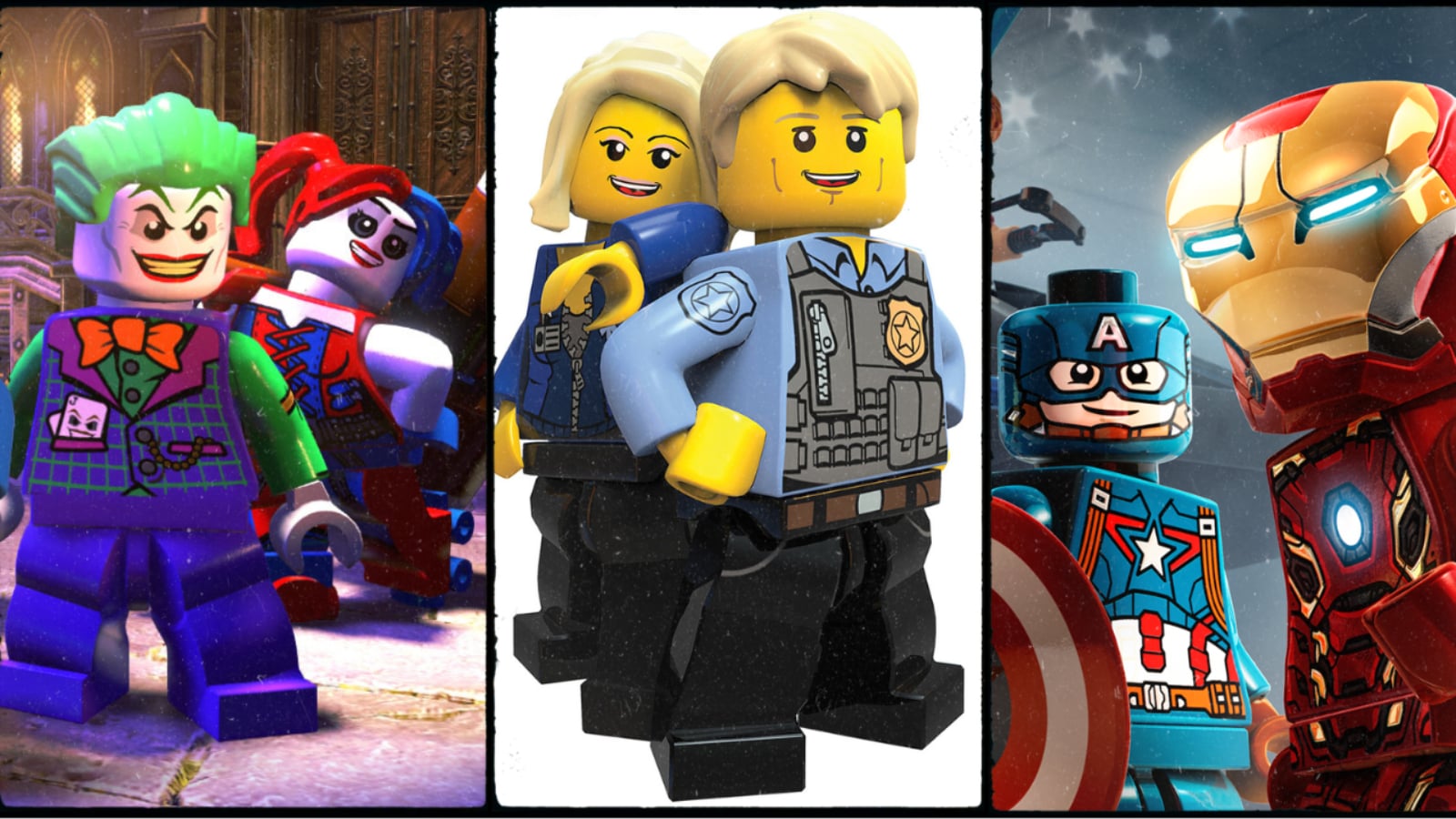An image showing screenshots from LEGO DC Supervillains, LEGO City Undercover, and LEGO Marvel's Avengers.
