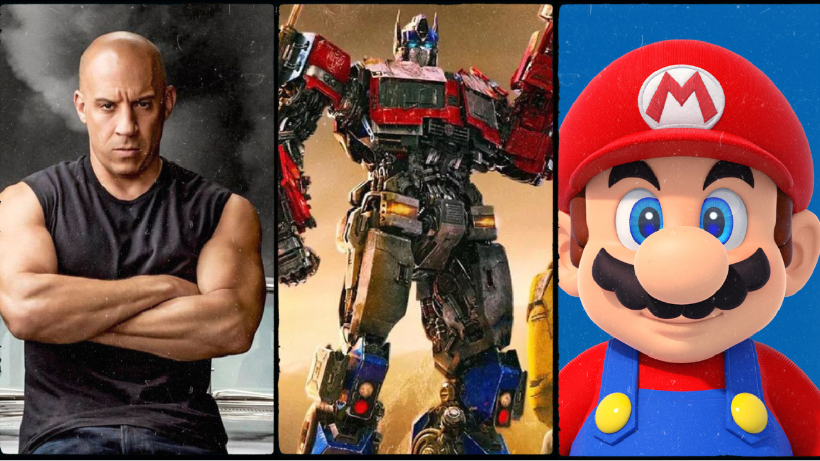 Dominic Toretto from Fast & Furious, Optimus Prime from Transformers, and Super Mario.