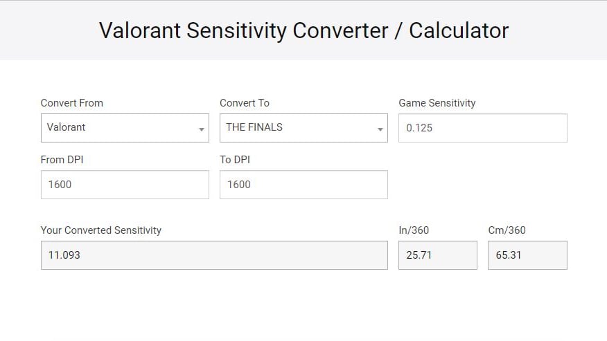 A screenshot of a third-party website that converts a mouse sensitivity value from VALORANT to one ready for use in THE FINALS.