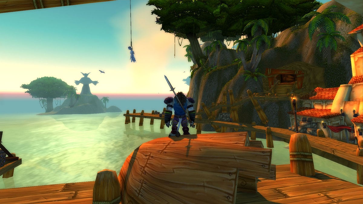A Tauren in Booty Bay, standing in the center of the city in WoW Classic