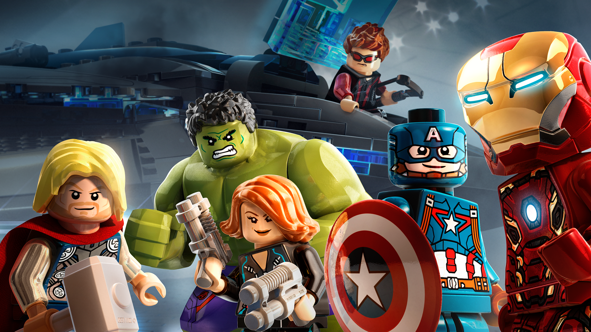 A promotional image for LEGO Marvel's Avengers showing Thor, Black Widow, Hulk, Iron Man, Captain america, Hawkeye, and Iron Man.