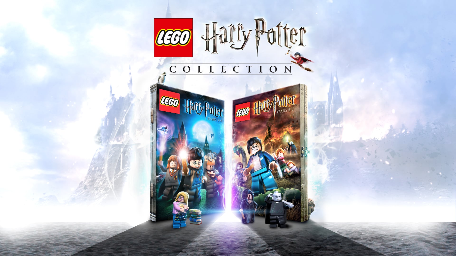 Promotional artwork for the LEGO Harry Potter collection, showing the first two games and some LEGO Minifigures.