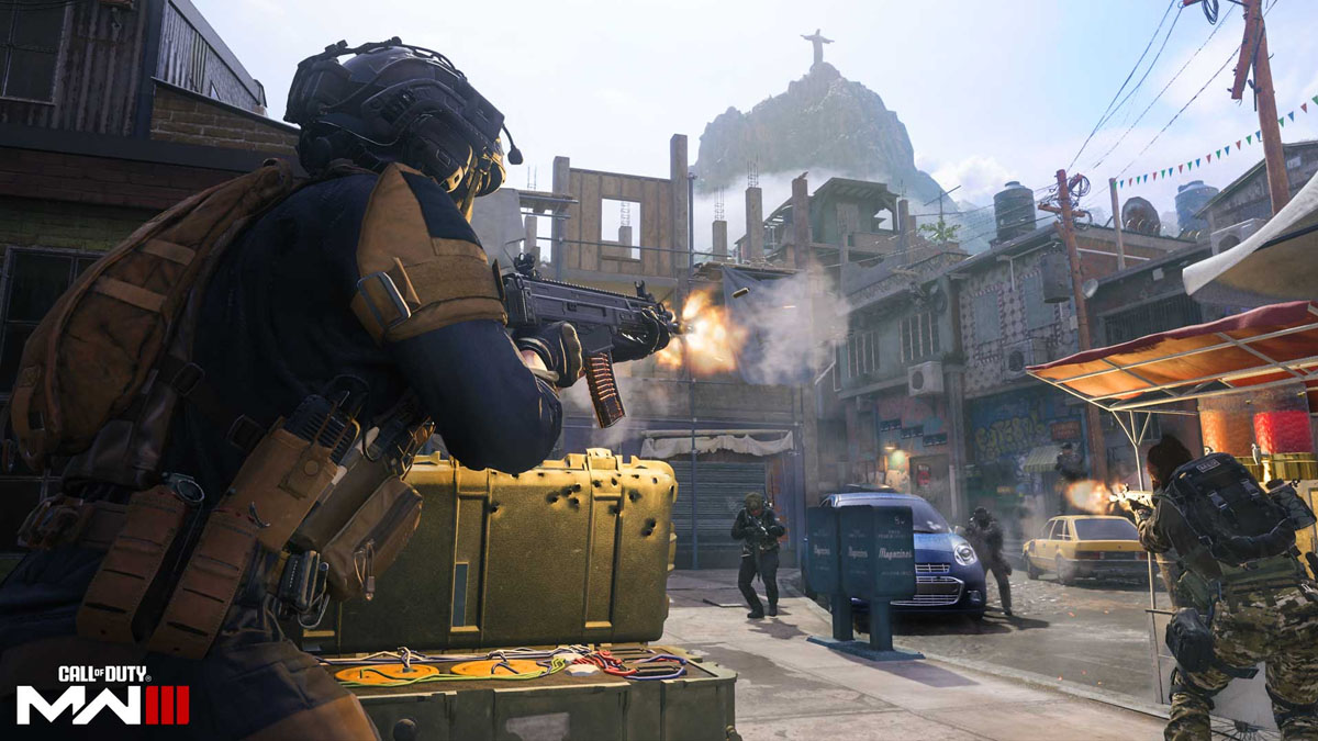 A player aims and fires their weapon at enemies in the middle of a street as a city burns in the background in Modern Warfare 3.