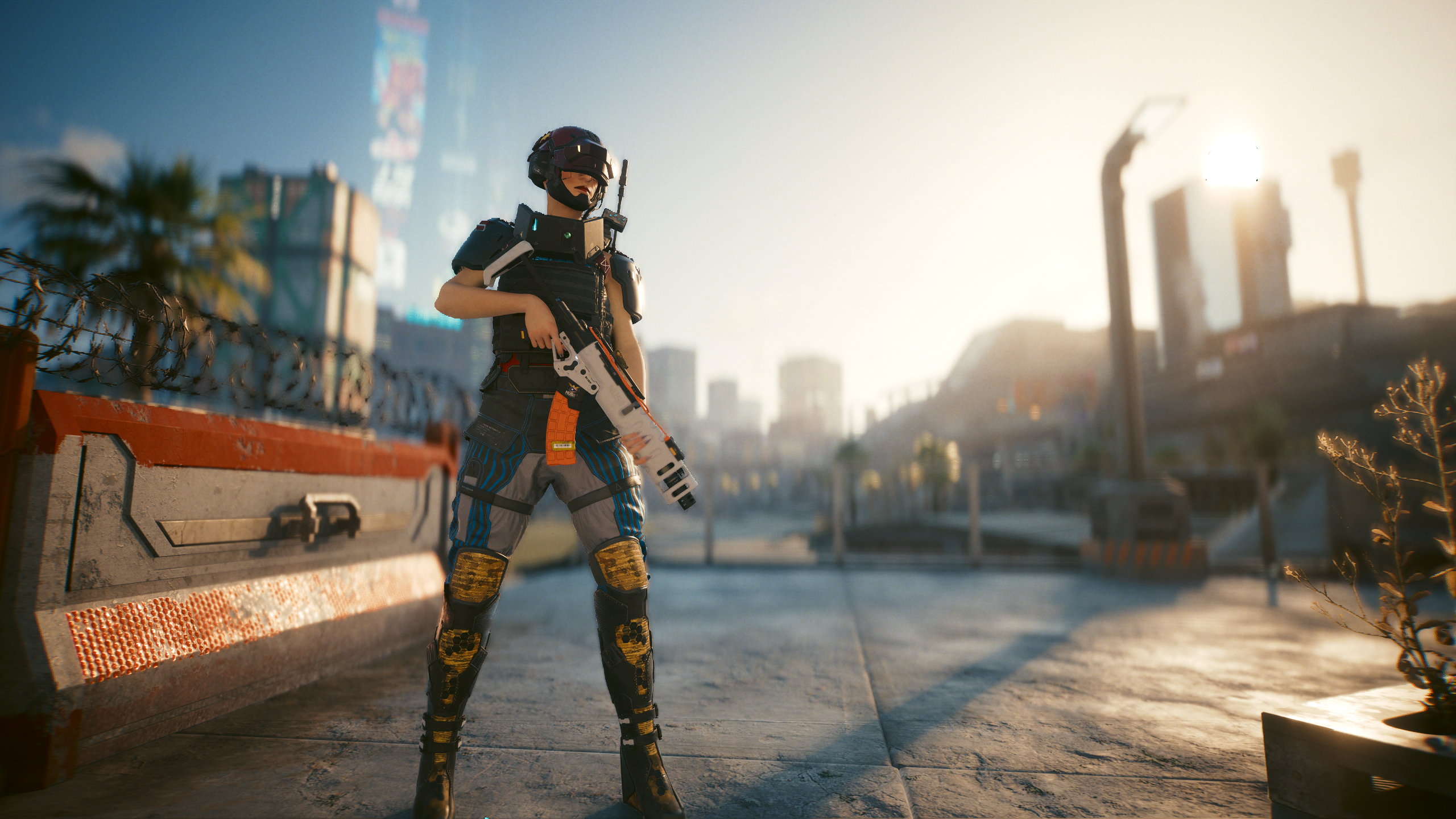 An armored character holding an assault rifle with the Night City skyline behind them in Cyberpunk 2077.