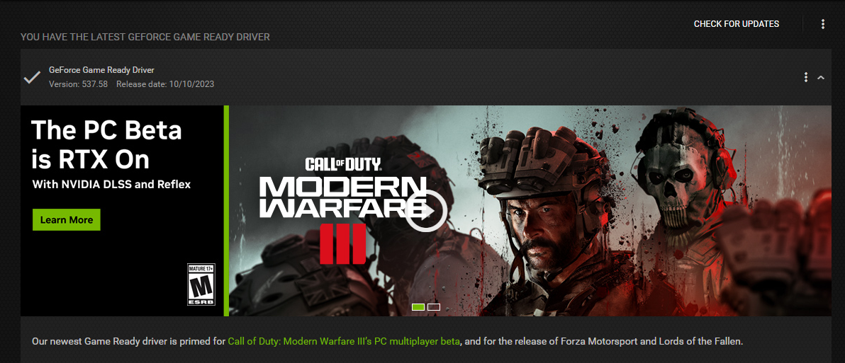 The GeForce driver update page.