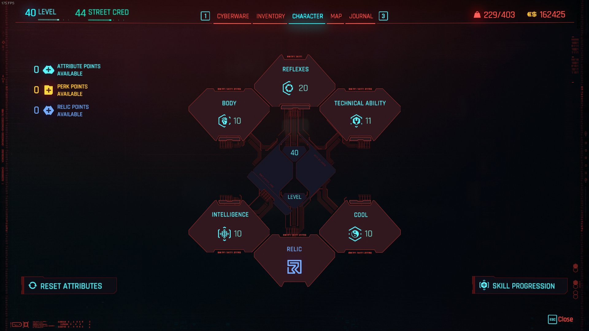 Attribute screen from Cyberpunk 2077.