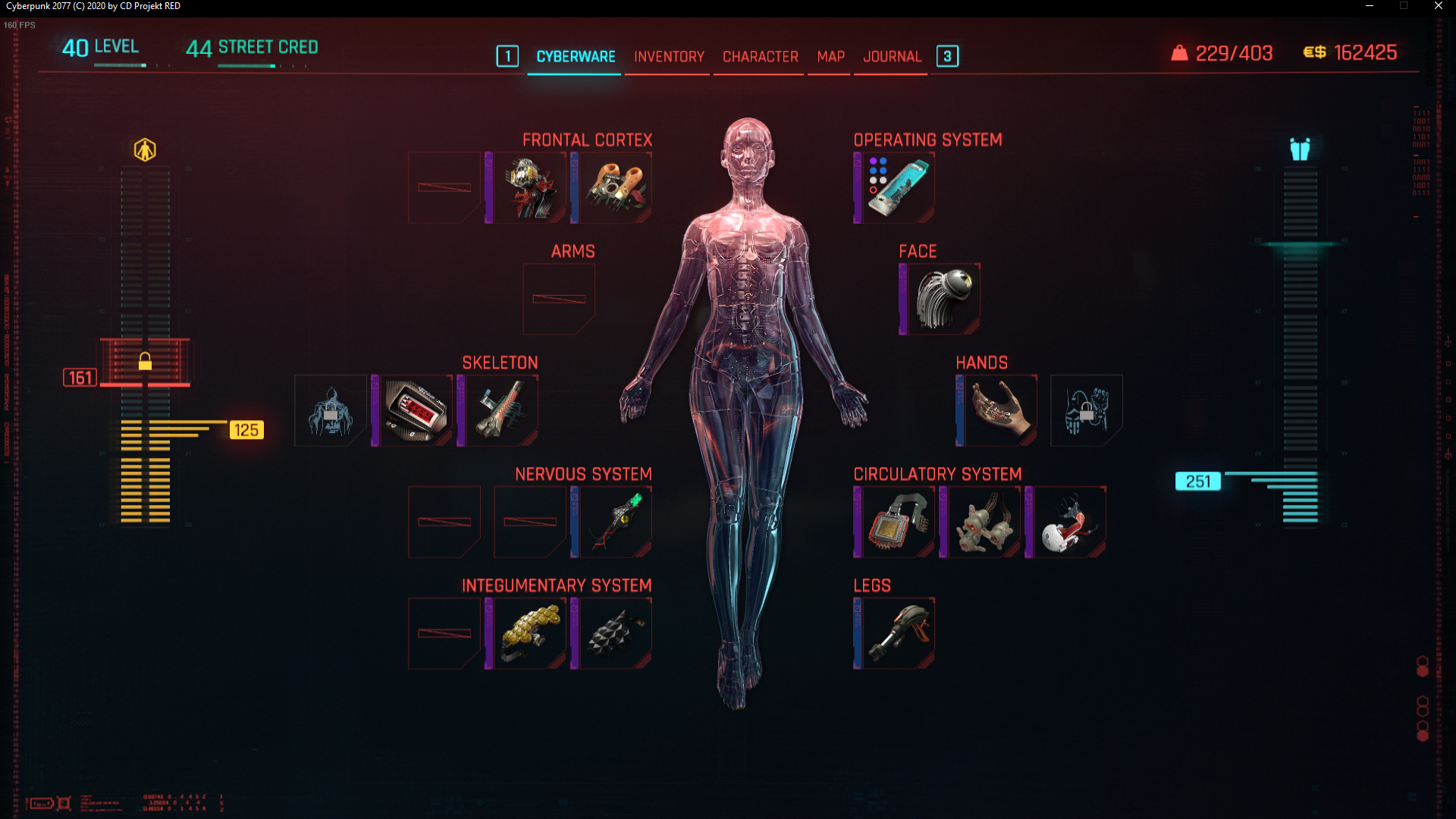 Cyberware selection screen from Cyberpunk 2077.