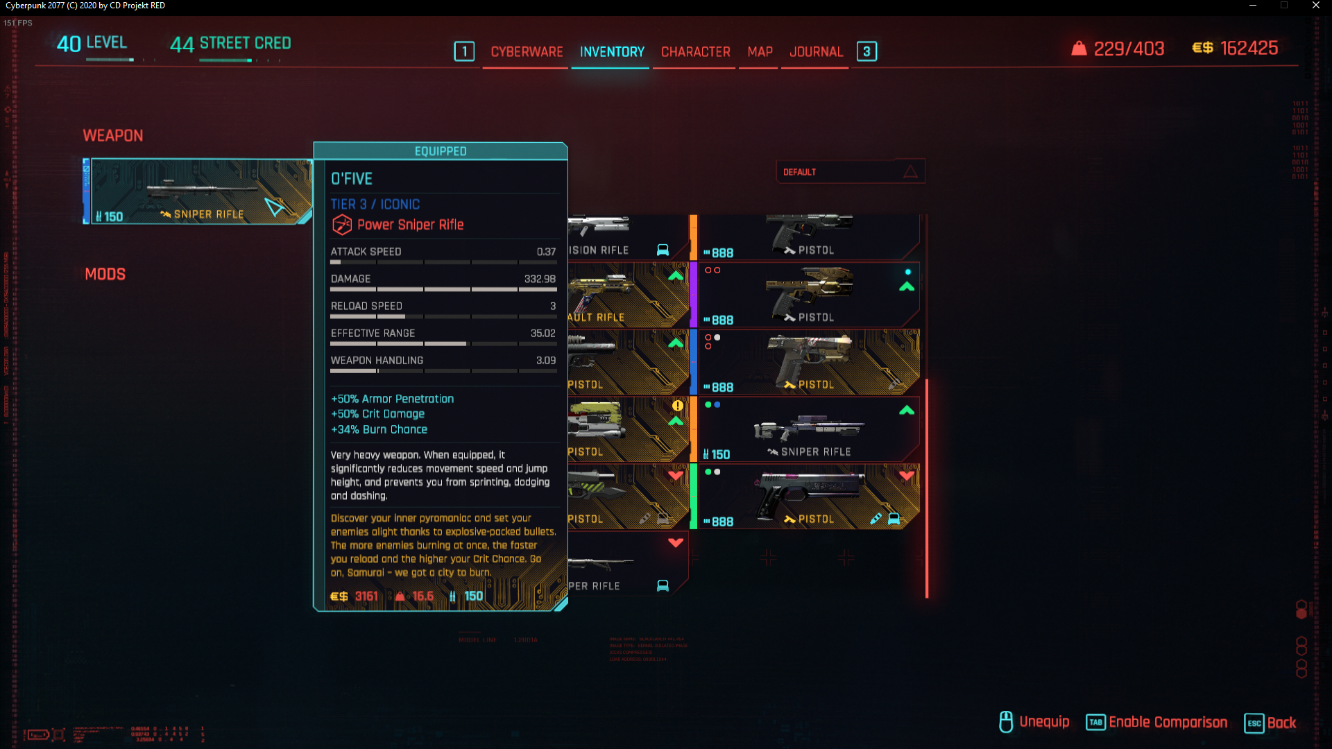The O'Five sniper rifle in Cyberpunk 2077.