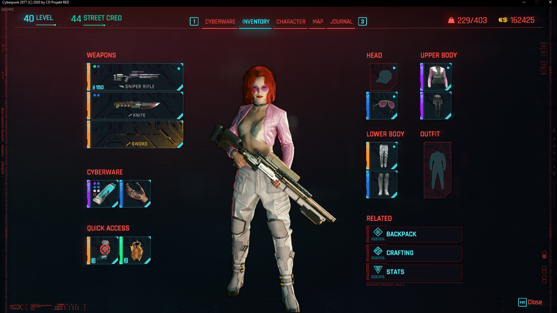 V holding the Ashura smart sniper rifle in Cyberpunk 2077.