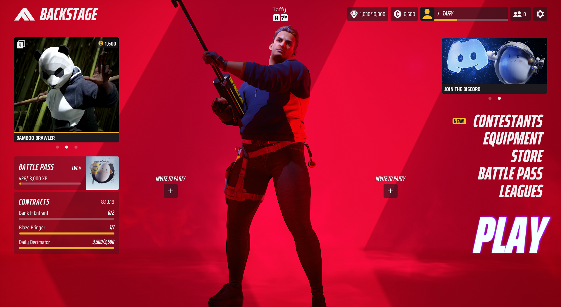 A main menu screen in THE FINALS with the PLAY button selected.