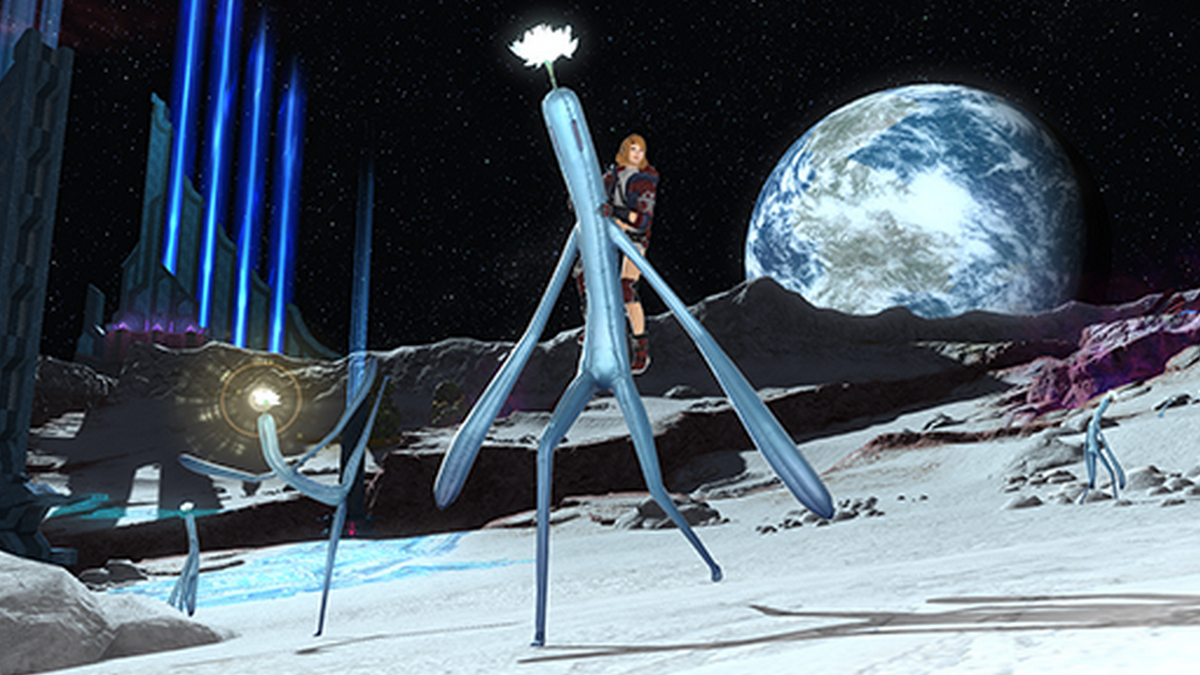 Sabotender walking on the moon, carrying a character on its back.