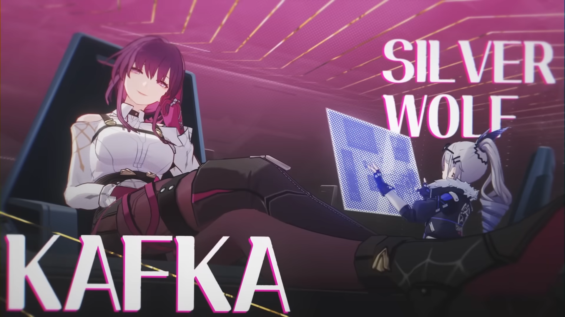 Kafka lounging on a chair next to Silver Wolf who is using a hologram screen.