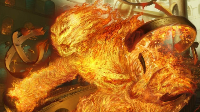 A being made of pure fire sprints towards the viewer in MtG, knocking aside knickknacks and items in its way.