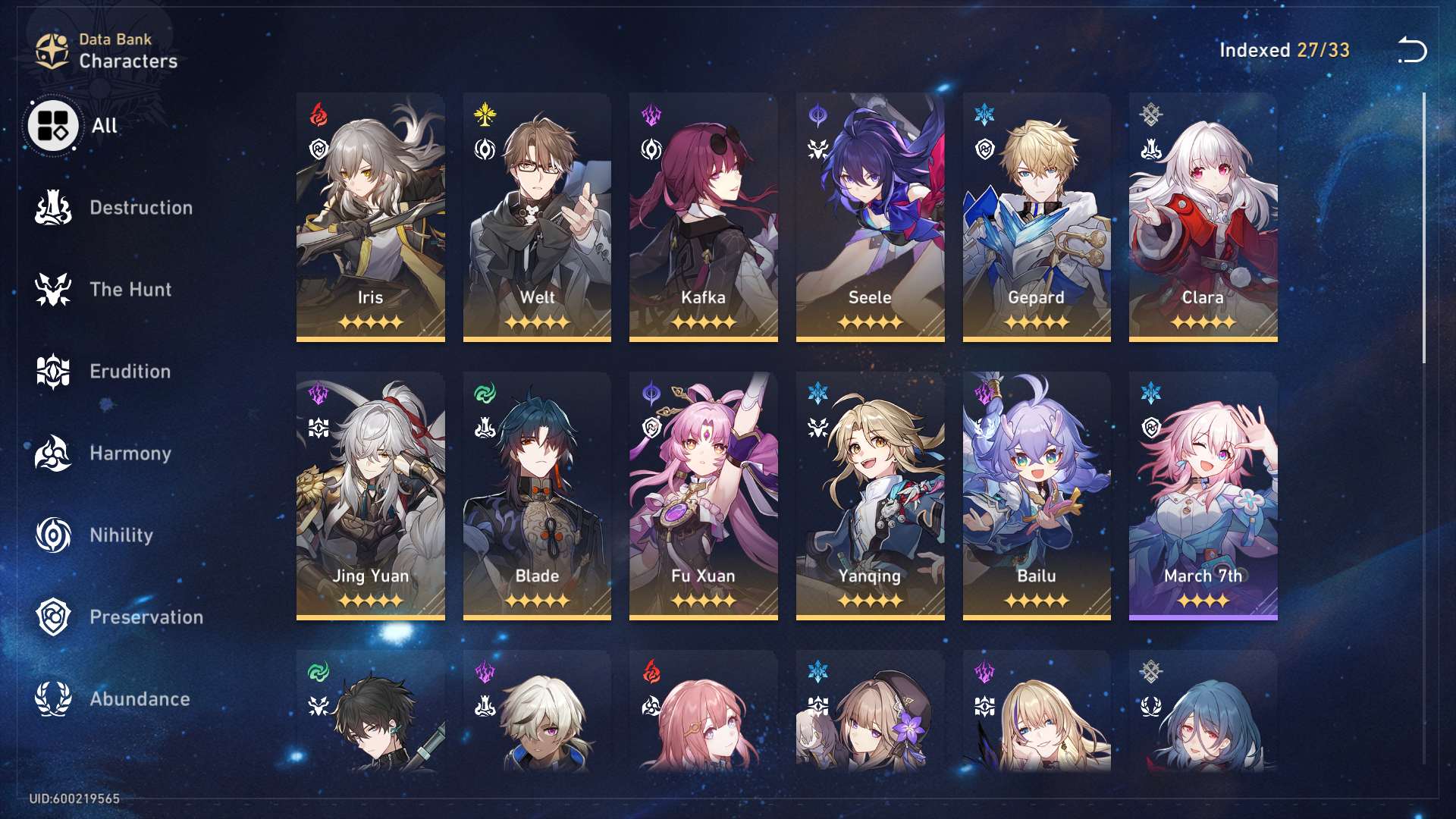 The characters menu in Honkai: Star Rail with the various paths displayed.