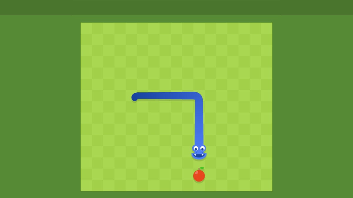 A blue snake moving toward a red apple on a board in Google Snake.