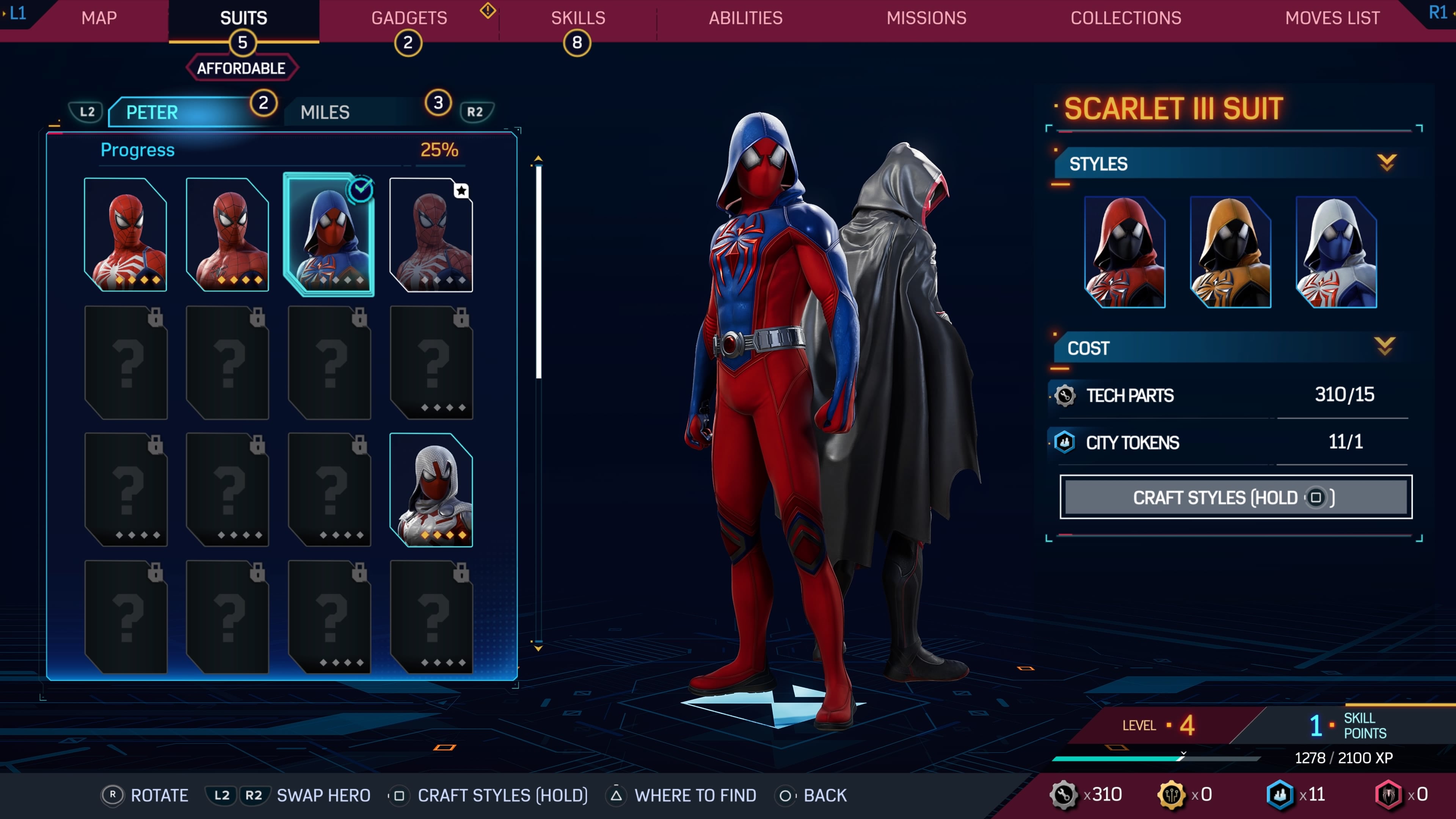 A screenshot of Spider-Man 2's Suits tab, showing off the Scarlet III suit for Peter.