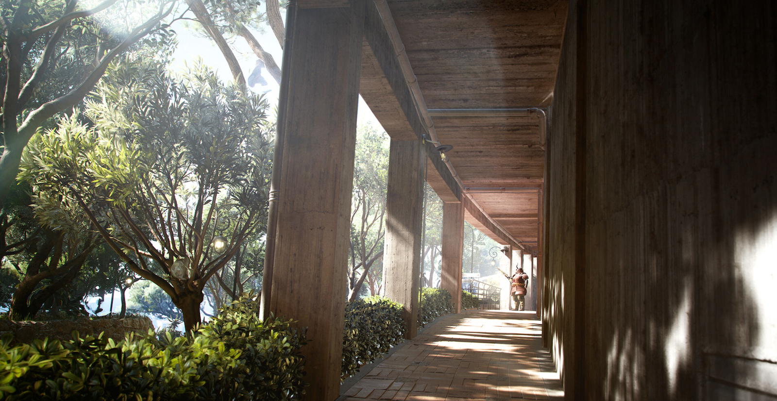 THE FINALS map with a hallway and shrubs surrounding the building