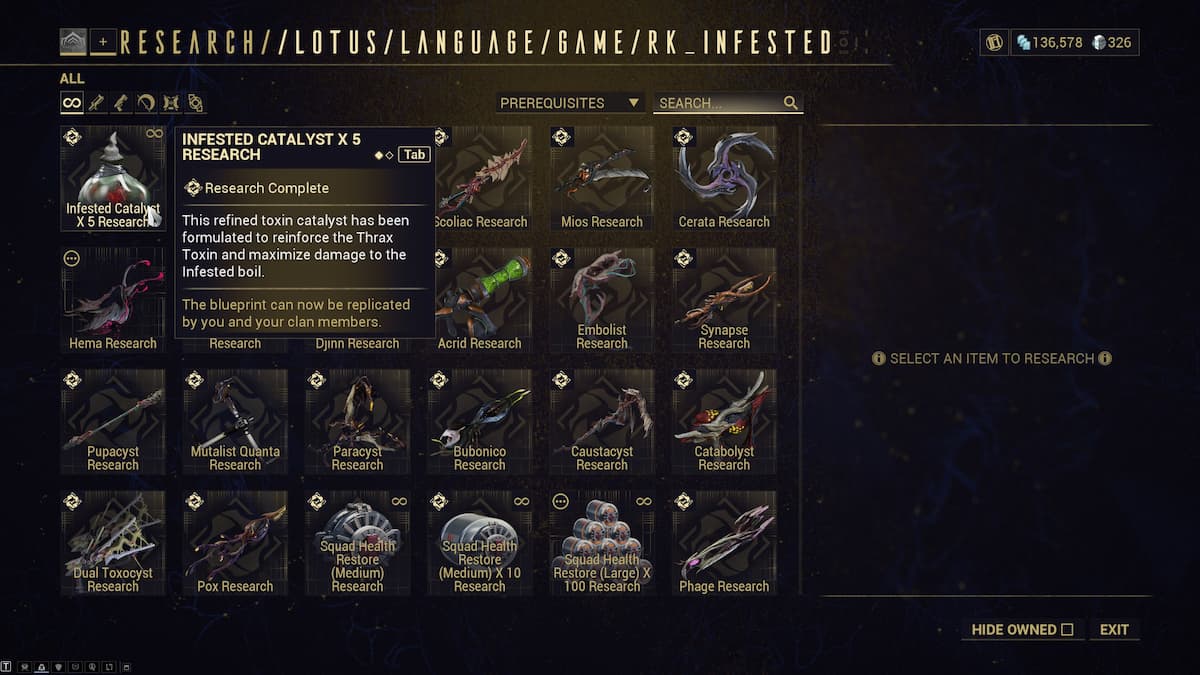 Clan Dojo Research Lab showing all the items that players can buy