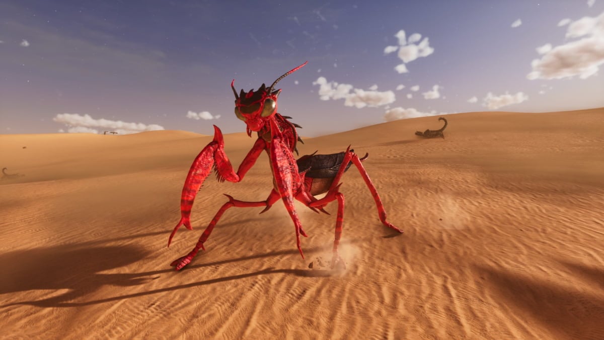 A Mantis standing in the desert in Ark: Survival Ascended Scorched Earth