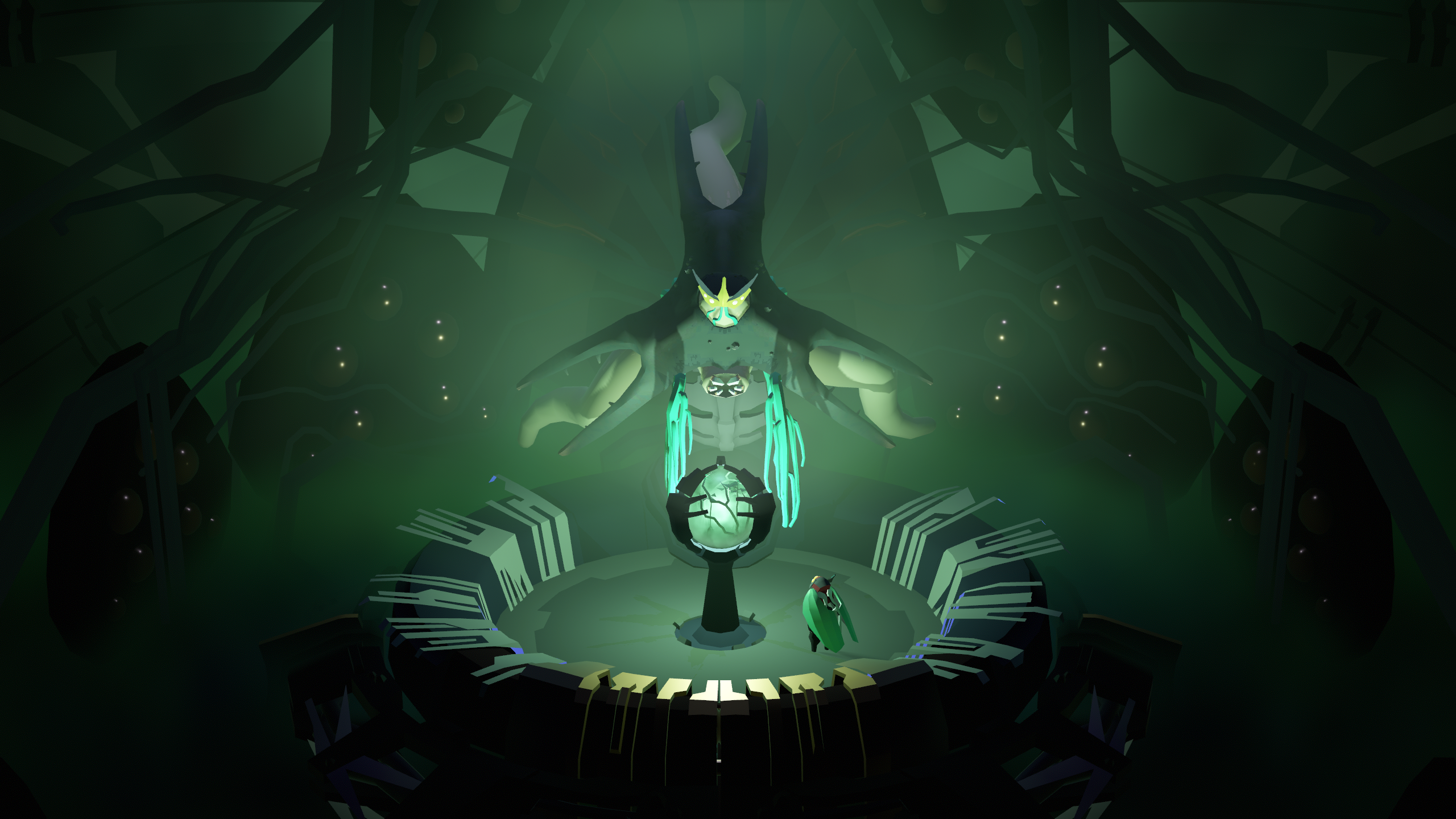 A small moth-like creature stares up at a glowing green orb. Behind the orb stands a giant moth creature.
