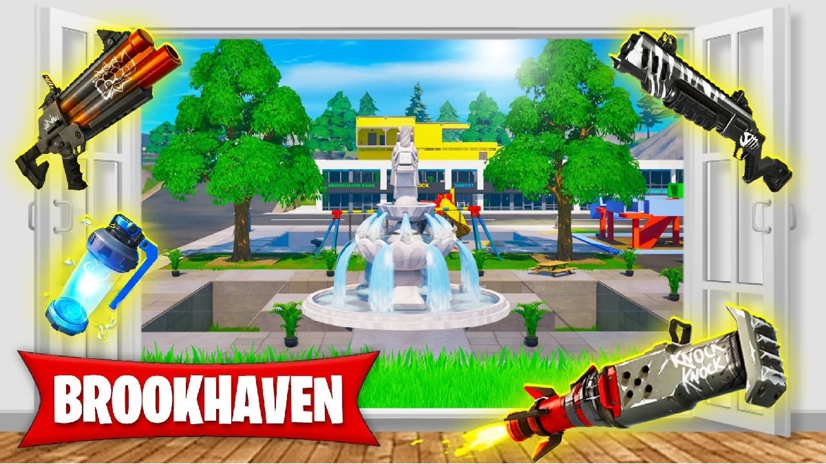 Fortnite Brookhaven title screen showing the map and various weapons