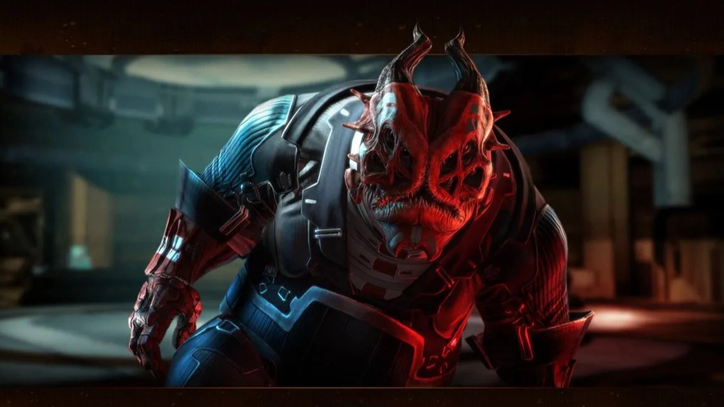 A large, hulking, horned creature in a complex suit looks towards the point of view.