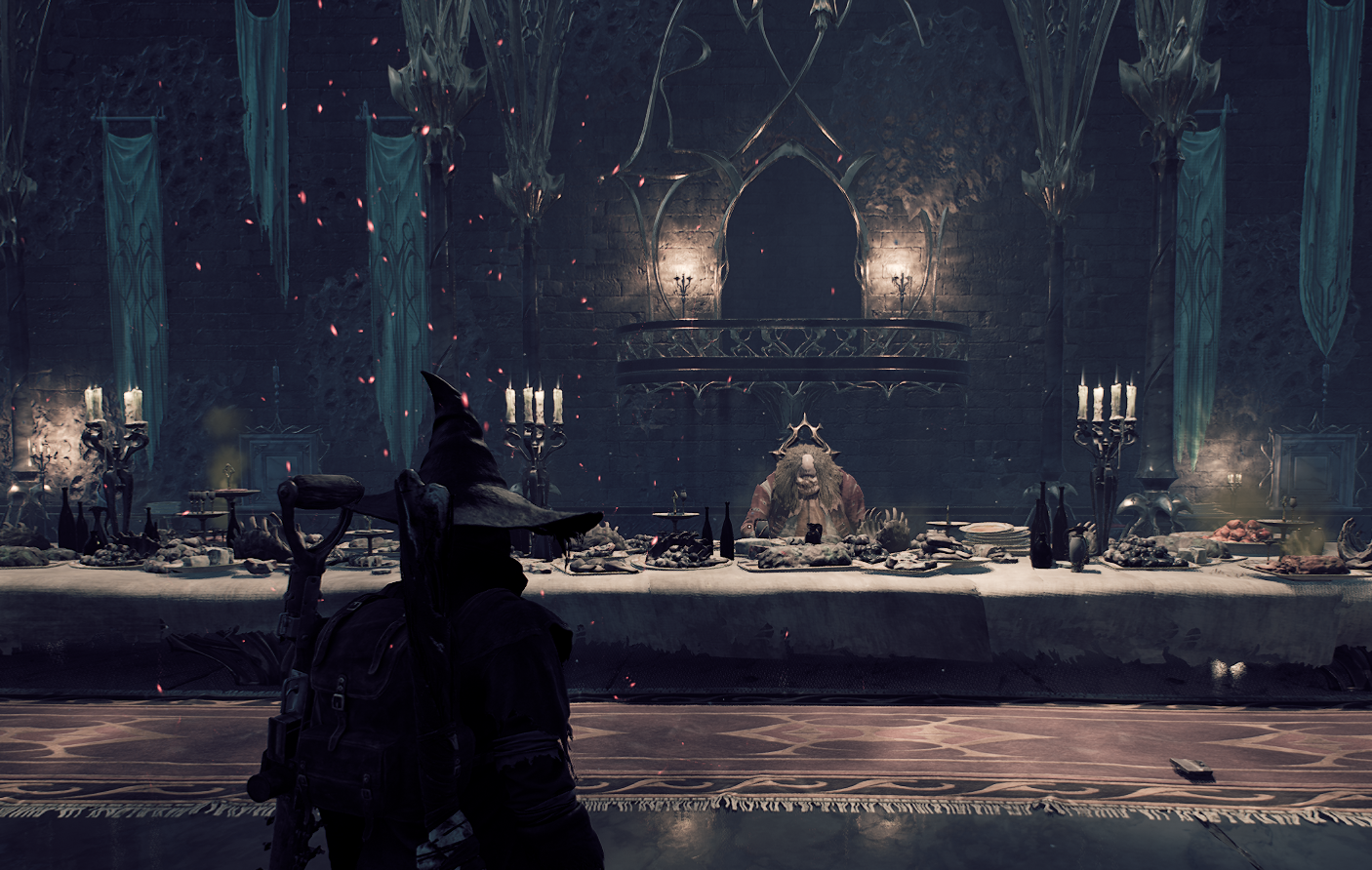 The hero in Remnant 2 standing in front of the Feast Master at his massive dining table in The Great Hall.