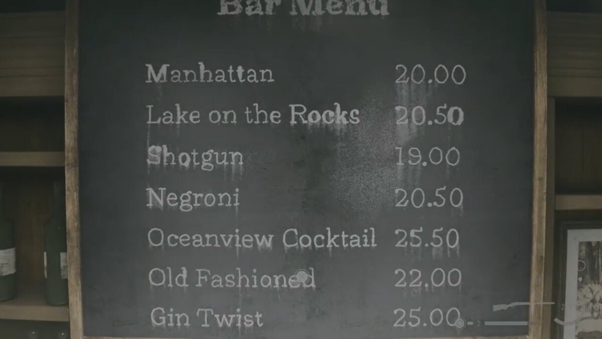 Oceanview Hotel Cocktail Bar menu in Alan Wake 2