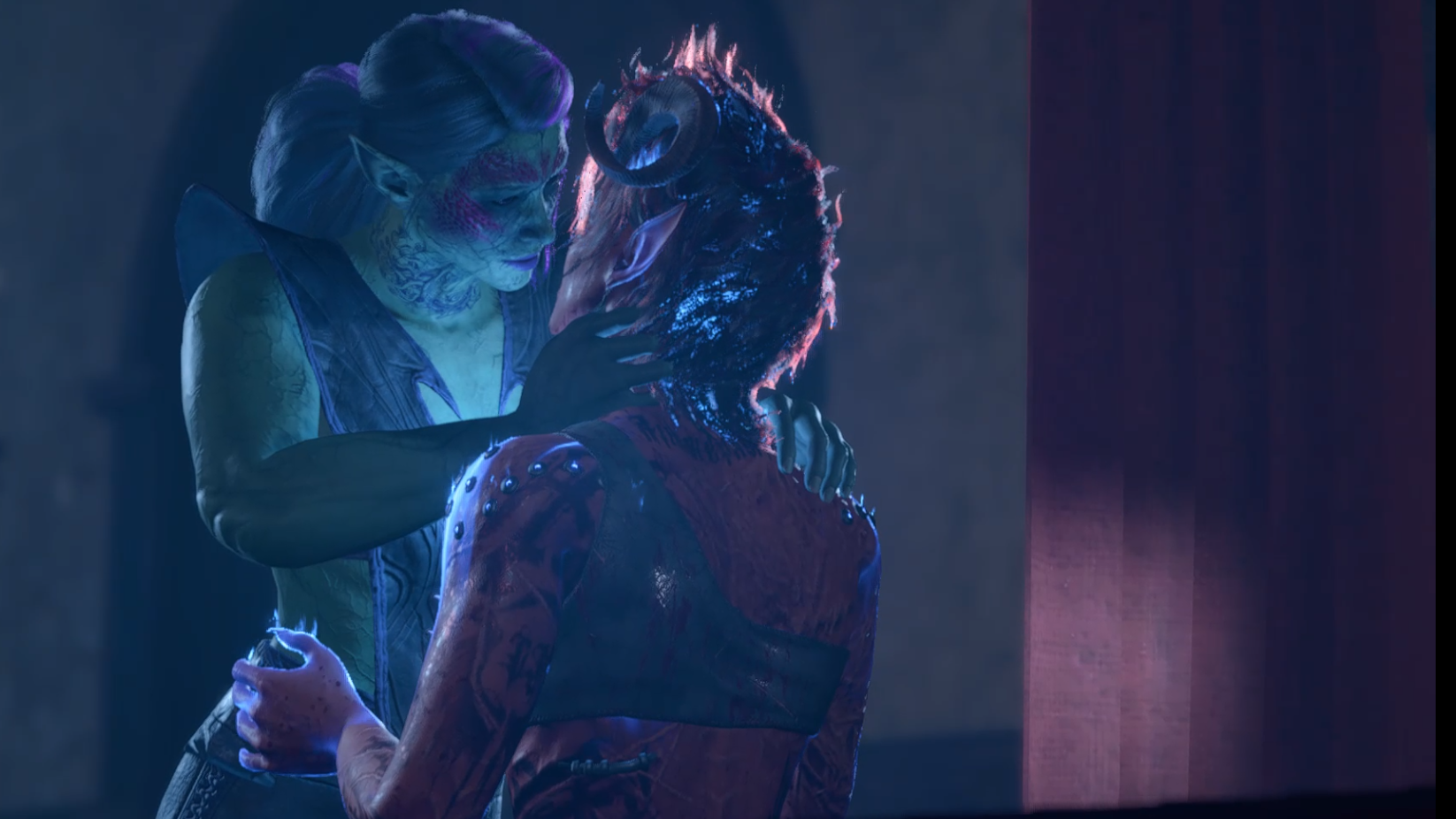 Karlach and the player character holding each-other in a passionate embrace while Karlach glows blue in Baldur's Gate 3.