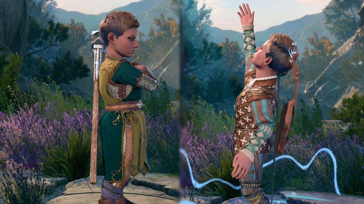 Two Halfling women, one wearing Paladin armor and the other wearing Leather Bard armor, sit across from one another on the level up screen of BG3.